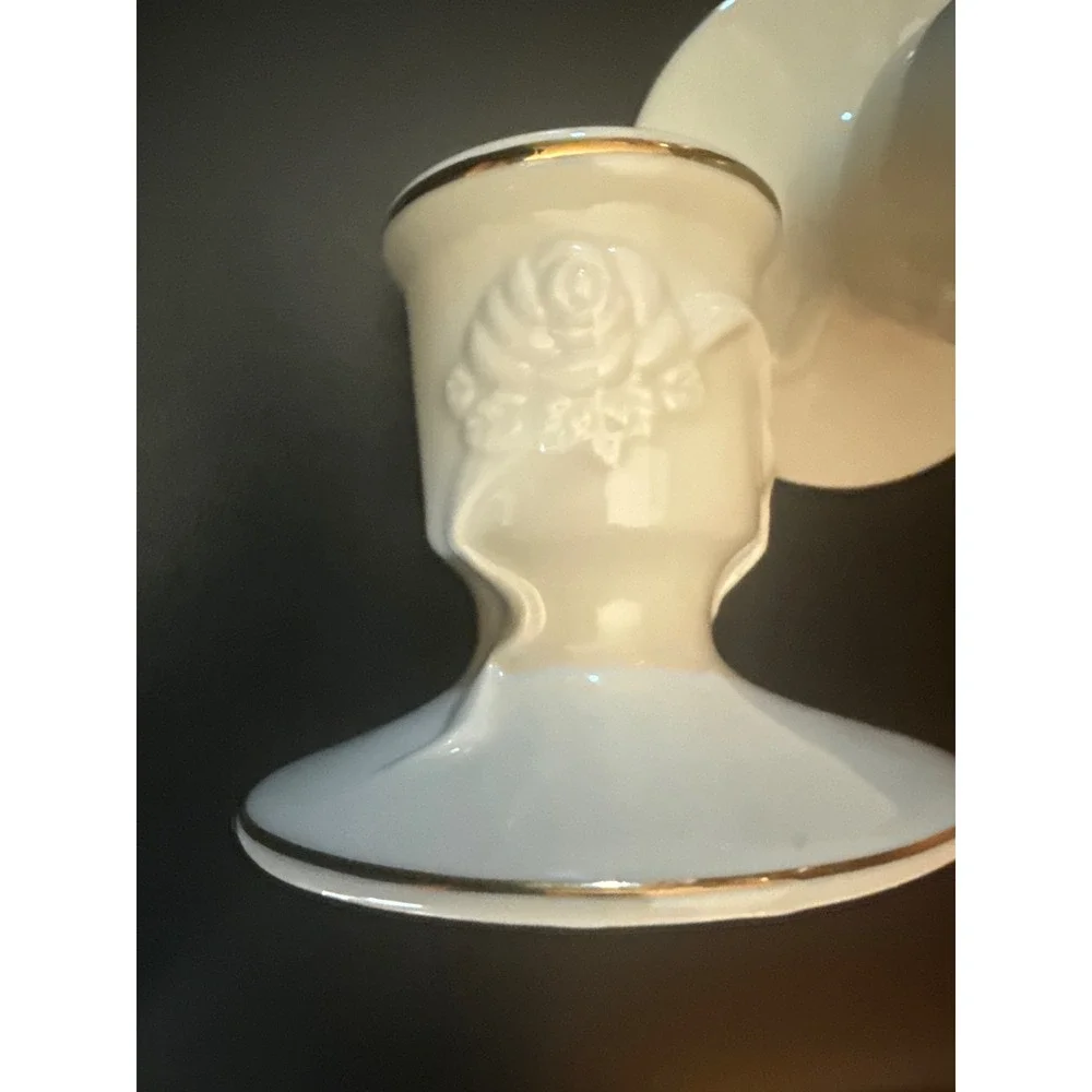 Lenox Ivory China Candlestick Holders Pair Embossed Rose Gold Trim Taper Set